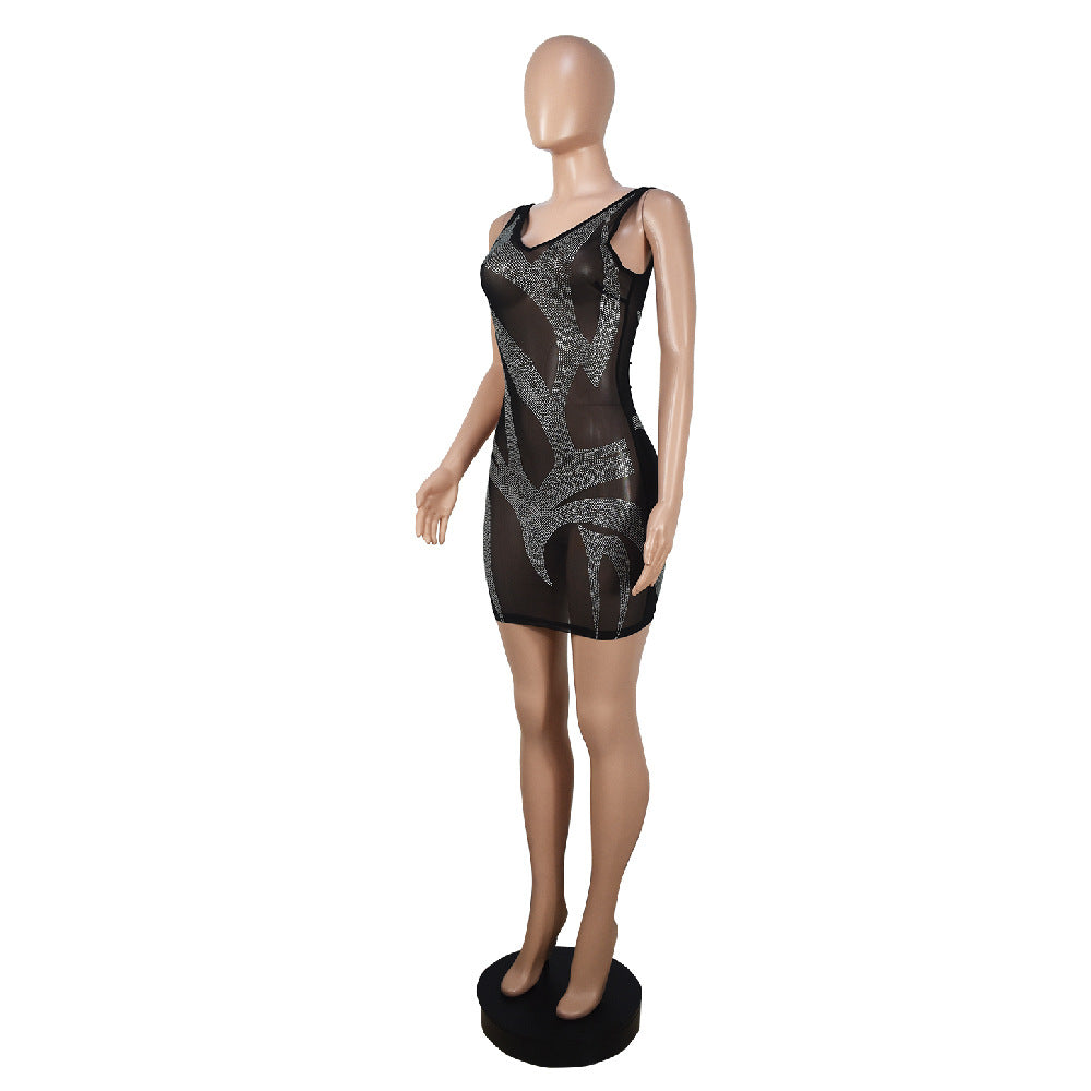 Perspective Rhinestone Nightclub Dress Woman