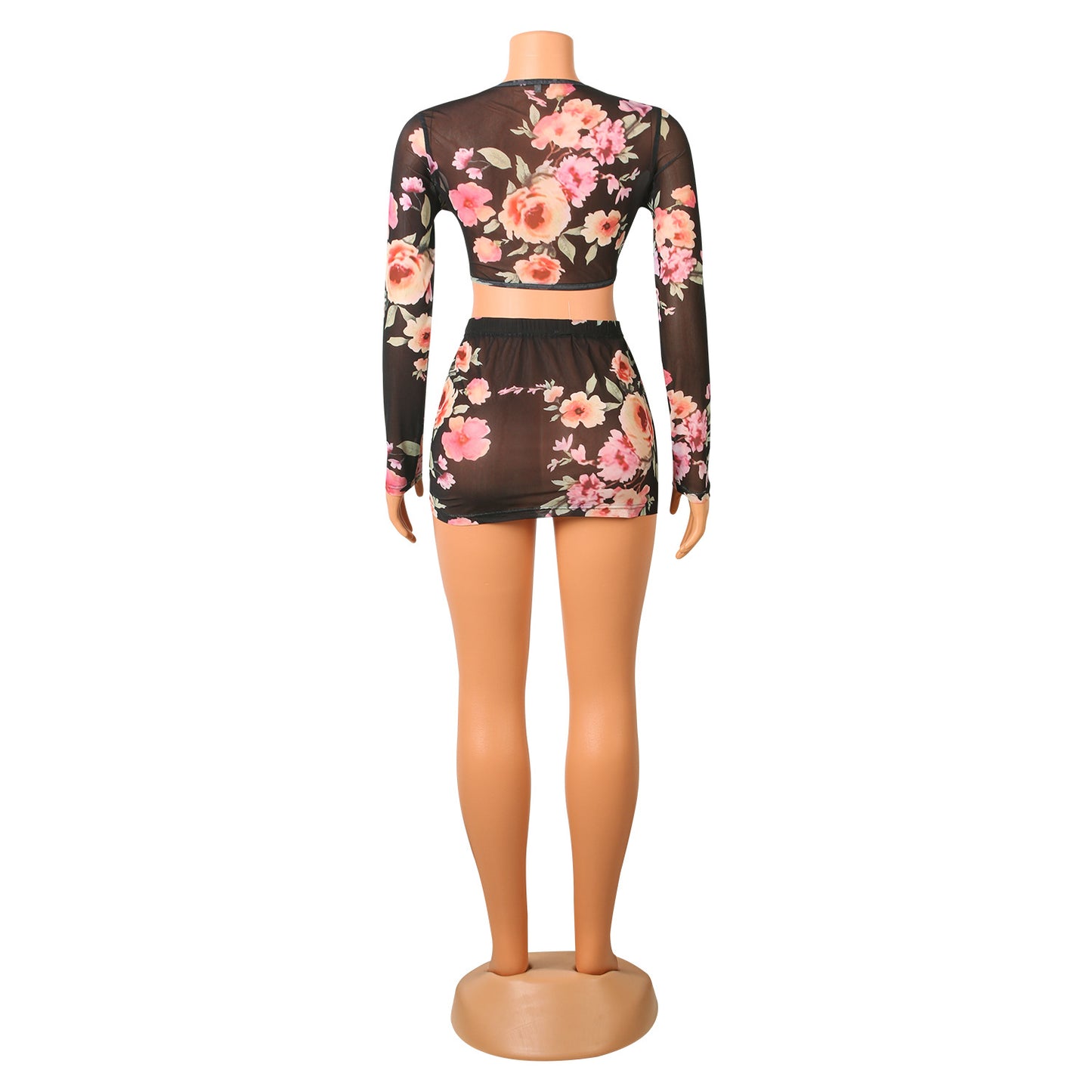 Two-Piece Mesh Printed Long-Sleeved Pleated Mini Skirt