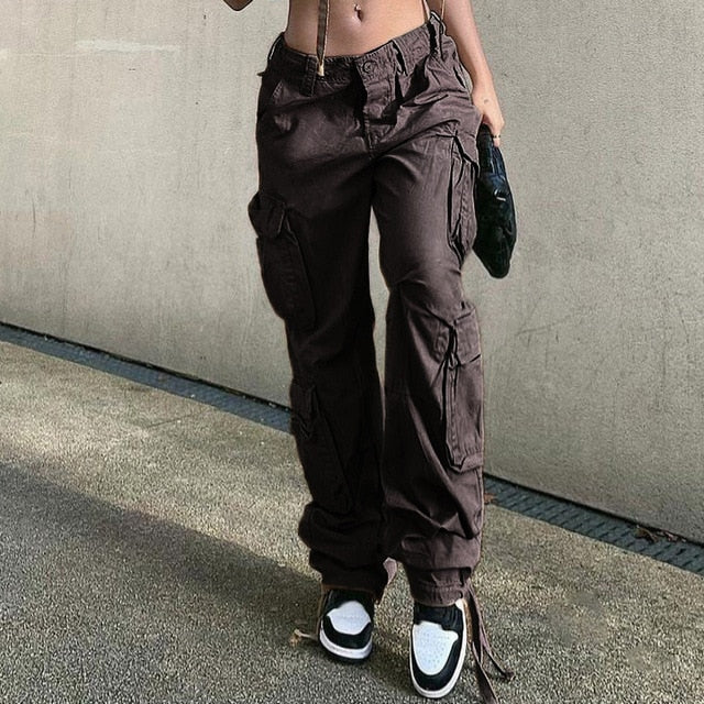 Button Low Waist Women's Cargo and Denim Pants