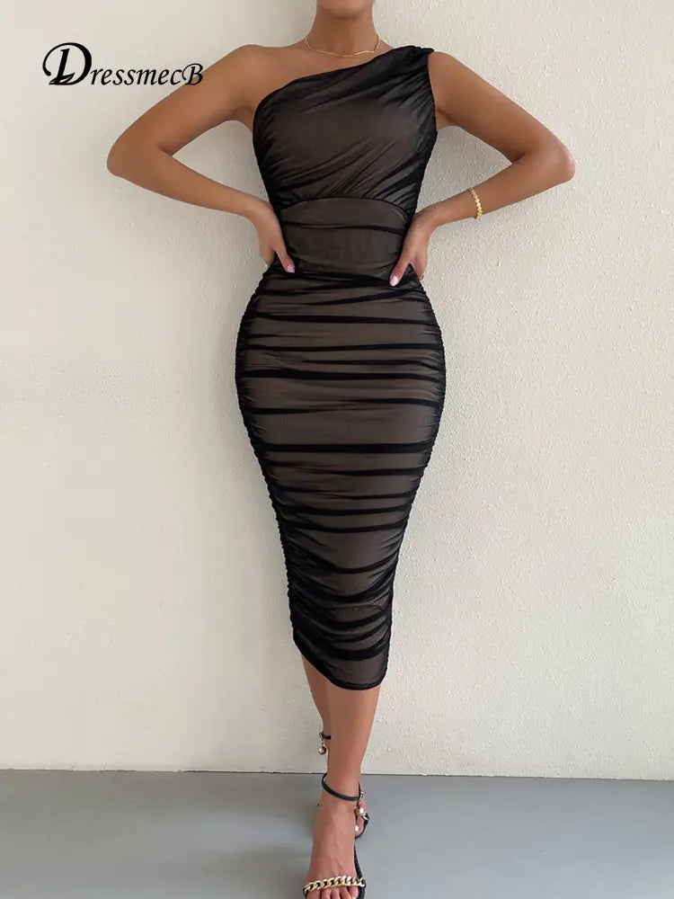 Mesh One-Shoulder Ruched Dress