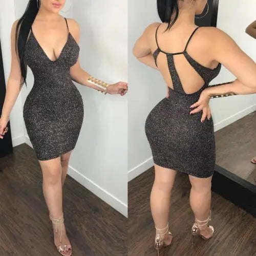 Women Sexy Bodycon Backless Mini Dress Glitter Sequin Deep V Neck Spaghetti Strap Cami Dress Evening Party Club Wear