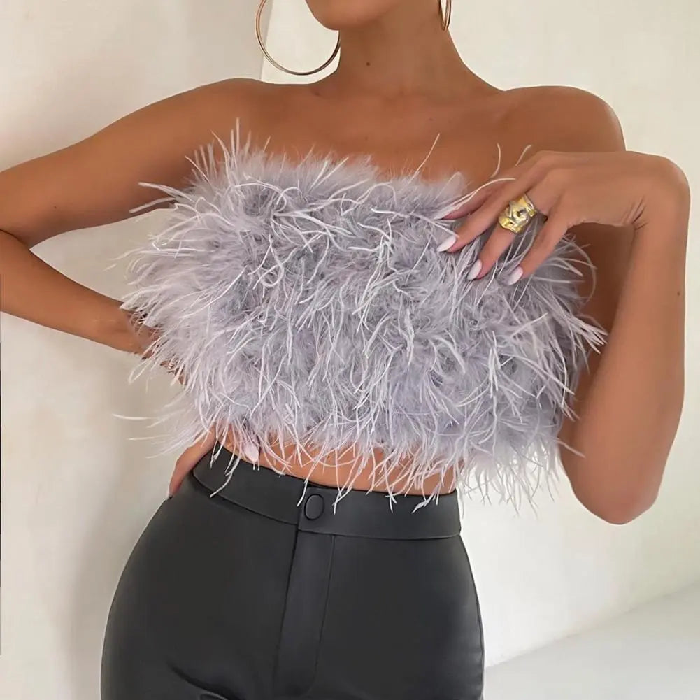 Sexy Feather Strapless Tank Tops Women Summer Party Club Sleeveless Fluffy Fashion Tops Female 2024