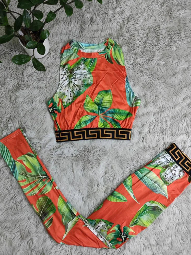 Kricesseen Sexy Print Leaves Skinny Two Pieces Pant Set New Women Sleeveless Tank Top And Leggings Suit Sportwear Matching Set