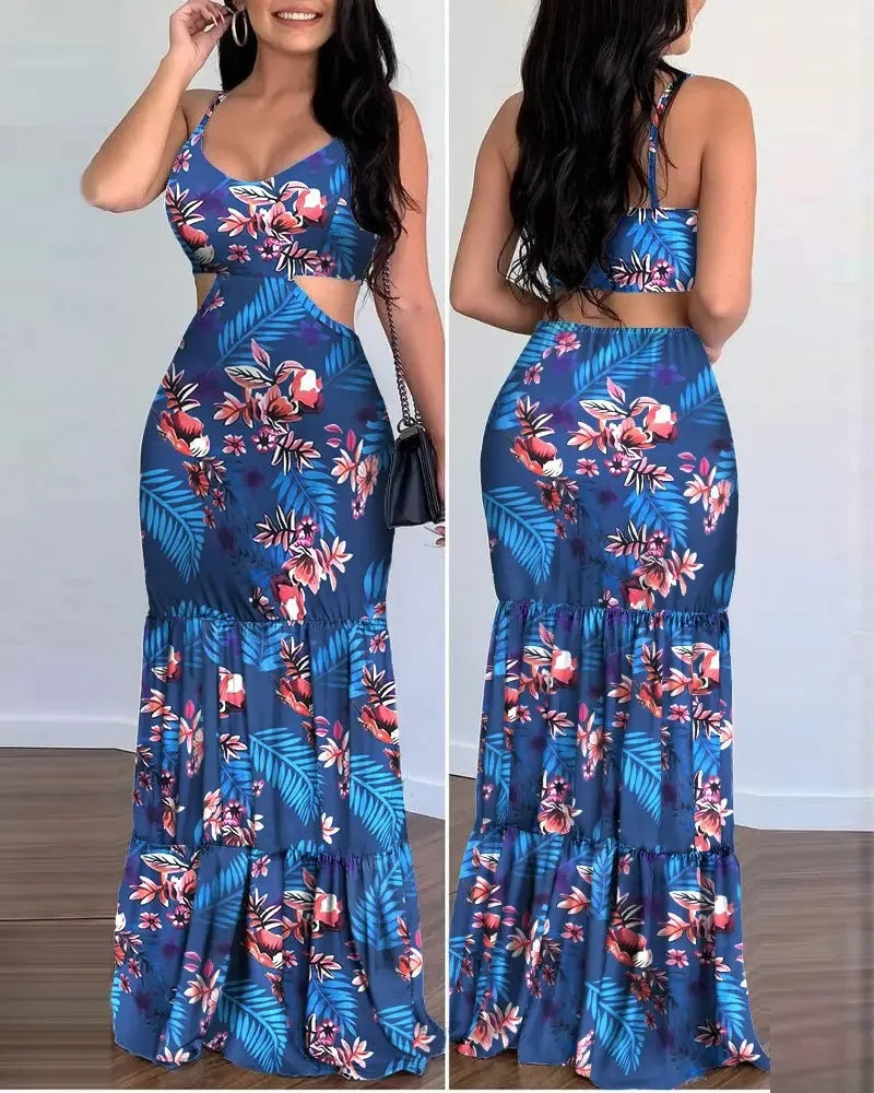 2024 New Fashion Floral Women Dresses Printed Spaghetti Strap Sexy Lady Long Dress Beach Style Camisole Summer Slim Sheath Dress