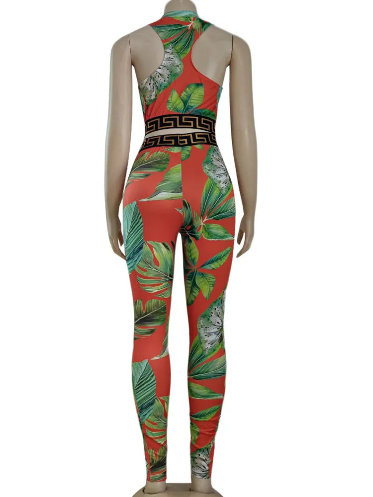 Kricesseen Sexy Print Leaves Skinny Two Pieces Pant Set New Women Sleeveless Tank Top And Leggings Suit Sportwear Matching Set