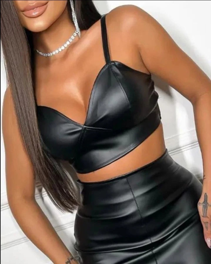 Two Piece Sets Womens Outifits 2022 Summer Fashion Pu Leather V-Neck Plain Sleeveless Crop Cami Top & Sexy Skinny Slit Skirt Set