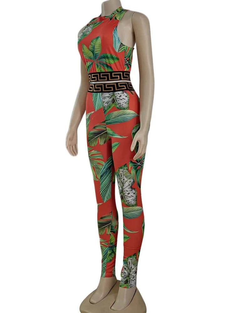 Kricesseen Sexy Print Leaves Skinny Two Pieces Pant Set New Women Sleeveless Tank Top And Leggings Suit Sportwear Matching Set