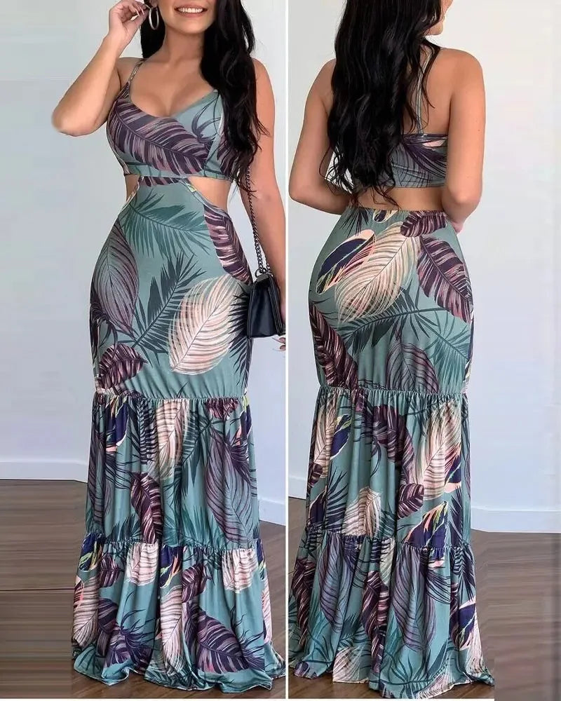 2024 New Fashion Floral Women Dresses Printed Spaghetti Strap Sexy Lady Long Dress Beach Style Camisole Summer Slim Sheath Dress