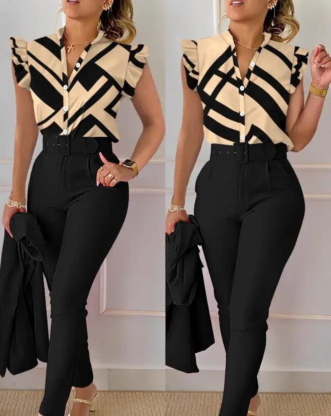 Women's Pant Set 2023 Summer Fashion Geometric Print Ruffle Sleeve Top and Pants Set with Belt Elegant Office Suit